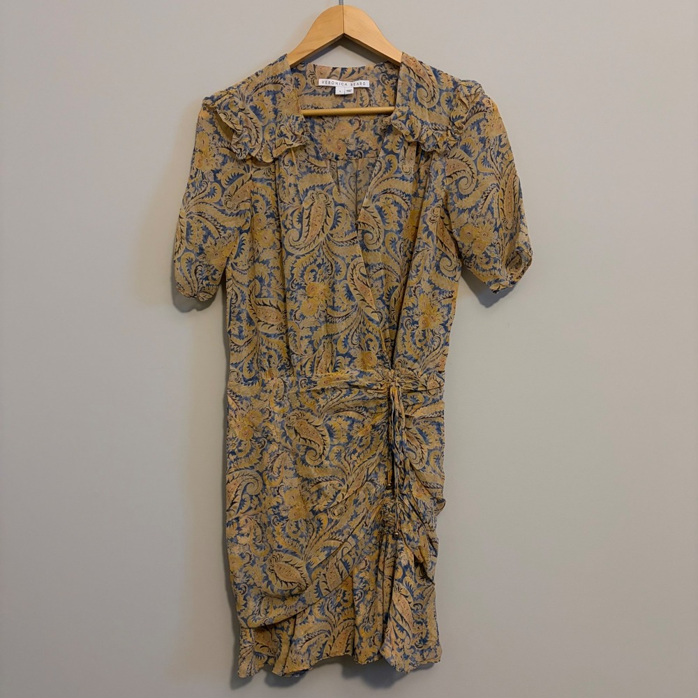 Veronica Beard Blue Gold Paisley Silk Ruched Mini Dress Size 4 2304GGT062545